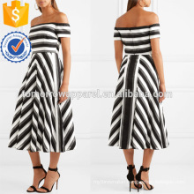 Off-Shoulder Short Sleeve Black And White Striped Cotton A-Line Midi Dress Manufacture Wholesale Fashion Women Apparel (TA0135D)